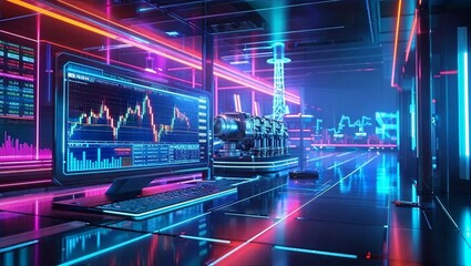Obraz premium A neon-lit futuristic trading room displaying stock graphs on screens, creating a modern finance technology atmosphere.
