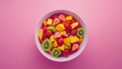 Bright and Vibrant Bowl of Fresh Fruit Salad on a Pink Background Ready for Summer Enjoyment