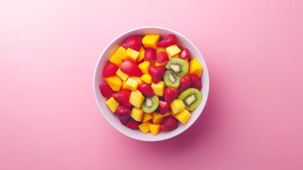 Obraz premium Fresh Fruit Salad in a Bowl on a Bright Pink Surface, Perfect for Summer Enjoyment