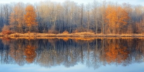 Fall reflection of mostly leafless trees showcases the beauty of winter. This serene fall reflection highlights the stillness and elegance of nature during the winter season.