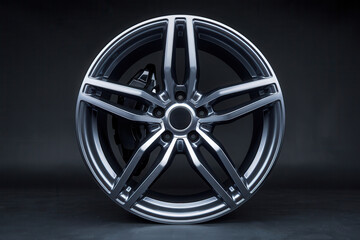 Obraz premium Stylish alloy wheel with glossy finish – Modern and luxurious design, on black background