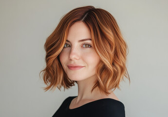 Fototapeta premium A beautiful woman with a wavy bob haircut, medium-length hairstyle, on a light background, wearing a black top.