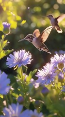 Fototapeta premium A hummingbird hovers over a blurry green summer background with wild purple flowers in the distance