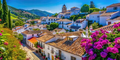 Fototapeta premium Charming Small Town with White Buildings and Blue Roofs in Vibrant Landscape Photography
