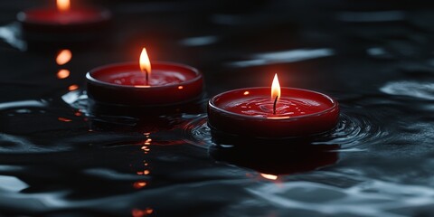 Red candles illuminate the darkness, creating a serene atmosphere. The red candles enhance the ambiance, making this a perfect setting for reflection and contemplation in a tranquil environment.
