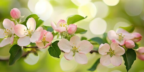 Obraz premium Apple flowers blooming on the tree create a stunning visual display, showcasing the beauty of apple flowers in full bloom amidst vibrant greenery. Enjoy the serenity of apple flowers flourishing.