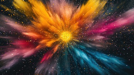 A dynamic blend of colorful particles radiating from a central core, illustrating the expansion of thought in the brainstorming process.