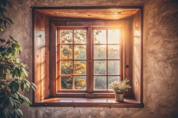 Cozy Minimalist Window View with Warm Earthy Tones Illuminated by Natural Light, Featuring a Potted Plant and Inviting Outdoor Landscape in the Background