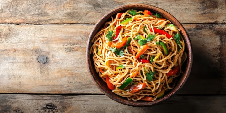 Schezwan Veg Noodles, a popular Indo Chinese delight, features noodles and vegetables tossed in flavorful schezwan sauce, beautifully presented on a rustic wooden surface, with selective focus.
