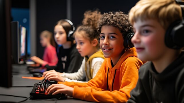 A young boy smiles while gaming on a computer at an after-school program