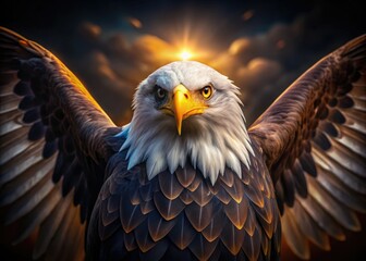 Obraz premium Close-up of a Majestic Bald Eagle with Outstretched Wings in Low Light for Wildlife and Patriotic Themes