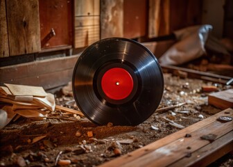 Obraz premium Retro Black Vinyl Record with Vibrant Red Center on a Dusty Surface in a Rustic Room, Evoking Nostalgic Music Vibes and Timeless Aesthetics