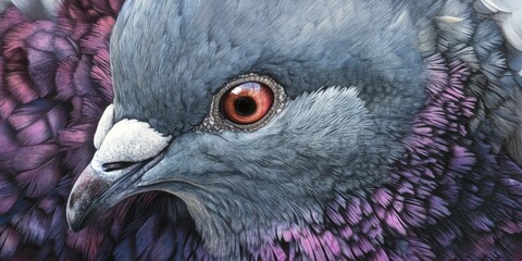 Detailed close up portrait showcasing the beauty of a pigeon, highlighting its unique features and textures. The close up of the pigeon captures the essence of this fascinating bird.