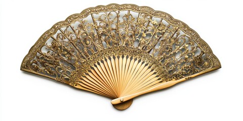 Vintage rare fan isolated against a white background, showcasing its unique design and craftsmanship, perfect for highlighting the beauty of a rare fan in any collection.