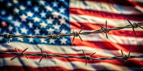 Close-up of Barbed Wire with American Flag Background Symbolizing Restricted Freedom
