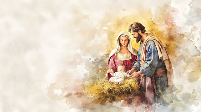 una ilustracion en efecto acuarela del nacimiento del ni&ntilde;o Jesus del ni&ntilde;o Dios en un pecebre para tarjeta navide&ntilde;a con espacio de copia fondo religioso catolico en visperas de navidad 