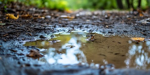 Fototapeta premium Rainwater has collected to form a dirty water puddle on the ground, showcasing the natural phenomenon of a dirty water puddle after rainfall. The dirty water puddle reflects the surroundings.