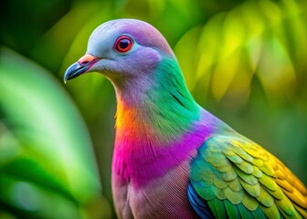 Fototapeta premium Stunning Purple Tailed Imperial Pigeon Showcasing Its Vibrant Feathers Amidst Lush Greenery in a Tropical Paradise Setting