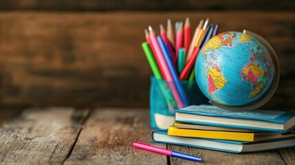 Globe, Books, and Pens on Wooden Table