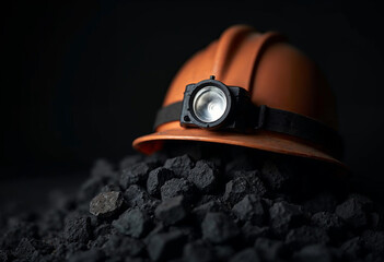 Helmet and Headlamp on Coal Pile Representing Mining Industry