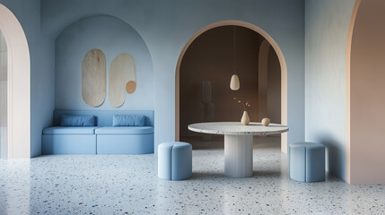 Minimalist interior design of modern dining room with blue terrazzo flooring
