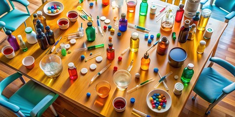 Fototapeta premium A room's table, seen from high, with eye medication in bottles.