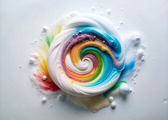 Vivid Liquid Swirls with Powder Create Colorful Patterns and Beautiful Designs on White Surface, Capturing the Art of Mixing and Interaction of Colors