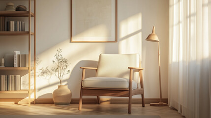 Fototapeta premium Cozy reading corner with armchair and wooden furniture 