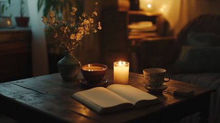 Evening relaxation setup with a cup of tea, candles, and a journal on a small coffee table, tiny room, photo style