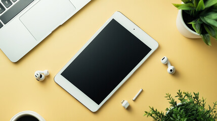 Minimalist flat lay of tech essentials like a tablet, phone, earphones, and charger, tiny room, photo style