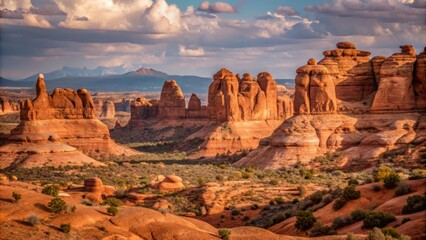 Fototapeta premium Breathtaking Utah Scenery Showcasing Magnificent Red Sandstone Formations in Arches National Park with Dramatic Cloudy Sky and Vibrant Colors