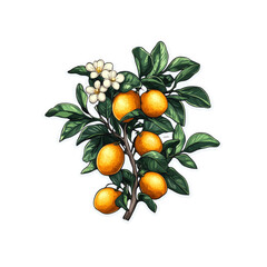 Vibrant Orange Tree Branch with Blossoms - Botanical Illustration
