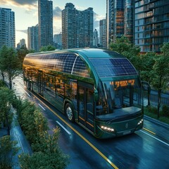 Fototapeta premium A futuristic electric bus with solar panels driving through a modern cityscape.