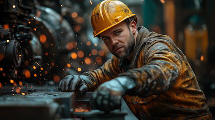 Obraz premium Industrial Worker in Protective Gear Operating Machinery Amid Flying Sparks
