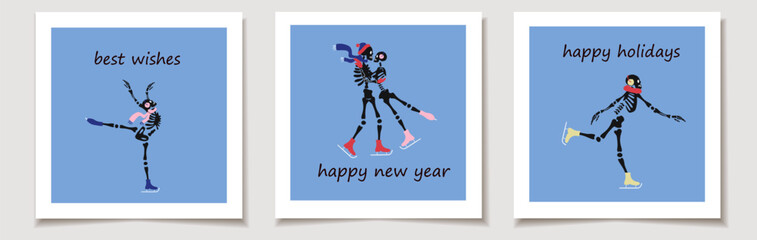 Fototapeta premium Set of Holiday cards with cute skeleton characters is skating on ice, their bony figures gliding smoothly as they strike playful poses. Greeting cards.