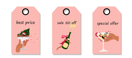  Set of discount price tags. Labels with women is sitting in a martini glass. Template for shopping tags. Christmas sale.