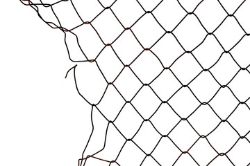 The texture of the metal mesh on a white background. Torn steel, metal mesh with holes