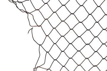 The texture of the metal mesh on a white background. Torn steel, metal mesh with holes