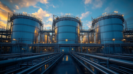 Large Industrial Storage Tanks and Pipelines at Oil Refinery Facility