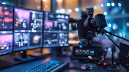 A camera is set up on a desk in front of multiple monitors, likely in a video editing studio
