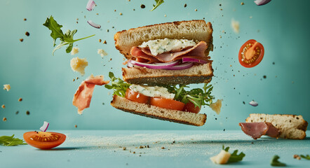 Dynamic food art showcasing a panini sandwich explosion with its fresh ingredients suspended stylishly