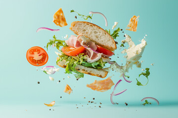 A vibrant flying sandwich, with ham, mozzarella, and vegetables captured mid-air