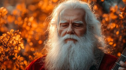 An elderly man with white beard meditates peacefully amidst vibrant autumn foliage, capturing a serene and reflective moment.