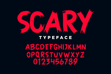 Grunge Horror Font. Hand Made Brush Typeface. Vector Stock Illustration. Bloody Brush stroke Alphabet. Typography for scary headlines and horror movie scenarios.