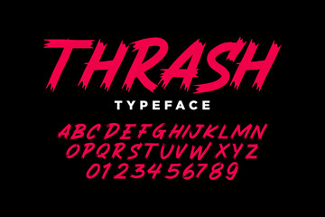 Grunge Horror Font. Hand Made Brush Typeface. Vector Stock Illustration. Bloody Brush stroke Alphabet. Typography for scary headlines and horror movie scenarios.