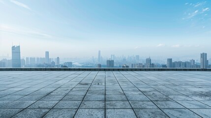Fototapeta premium Empty square floor with city skyline background, Contemporary cityscape with spacious square, aerial view