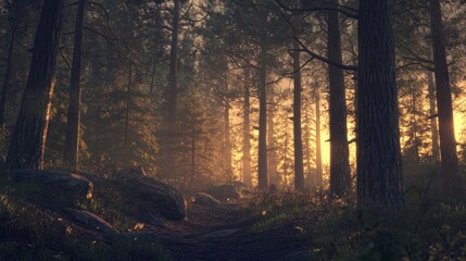 Obraz premium Golden sunlight filters through tall pine trees, illuminating a tranquil forest path covered in soft shadows and fallen leaves.