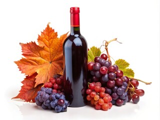 Elegant Red Wine Bottle Surrounded by Lush Ripe Grapes and Colorful Autumn Leaves, Perfect for Celebrating Harvest and Indulging in Fine Flavors