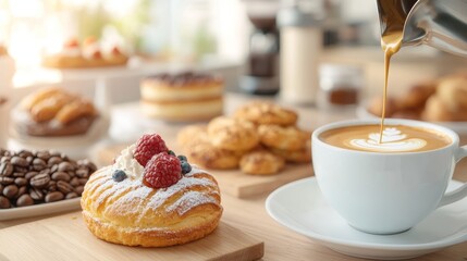 Coffee and bakery bistro freshness focus organic ingredients pastries arranged vibrant toppings fresh coffee being poured into pristine cups steam rising soft light ambiance, Photorealistic