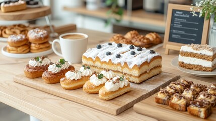 Coffee and bakery coffee dessert pairing carefully arranged pastries served alongside freshly brewed coffee spotlight artisan cake display tableware natural wood contemporary presentation,